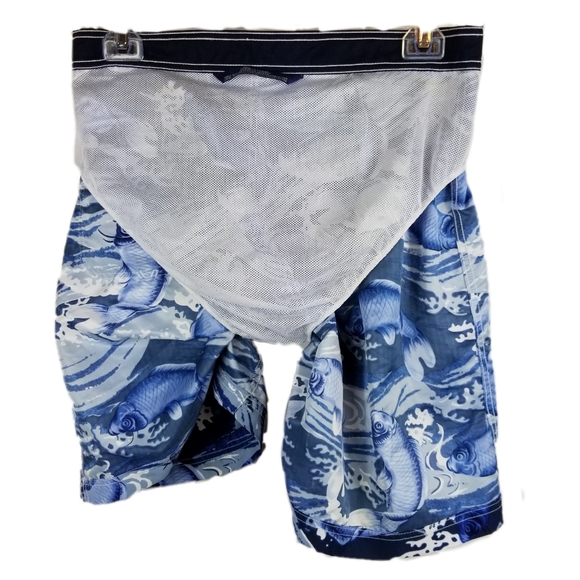 Vtg Tommy Hilfiger Men Swim Trunks Sz L Blue Fish - Picture 5 of 8